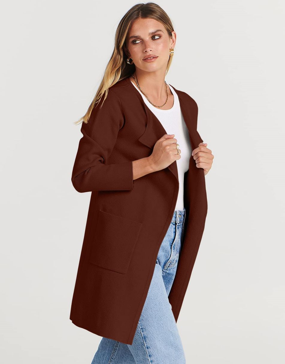 ANRABESS Women's Open Front Knit Cardigan Long Sleeve Lapel Casual Solid Classy Sweater Jacket