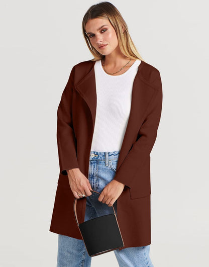 ANRABESS Women's Open Front Knit Cardigan Long Sleeve Lapel Casual Solid Classy Sweater Jacket