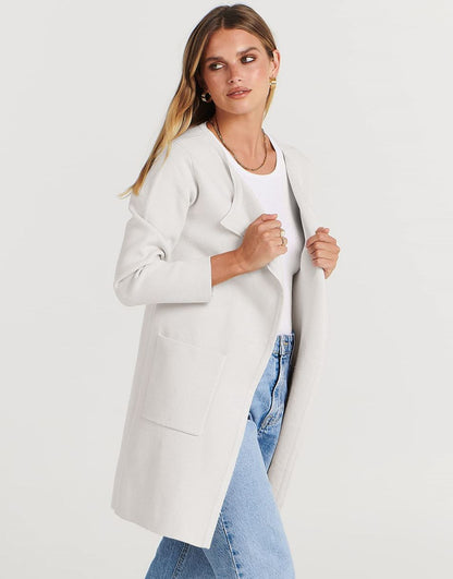 ANRABESS Women's Open Front Knit Cardigan Long Sleeve Lapel Casual Solid Classy Sweater Jacket