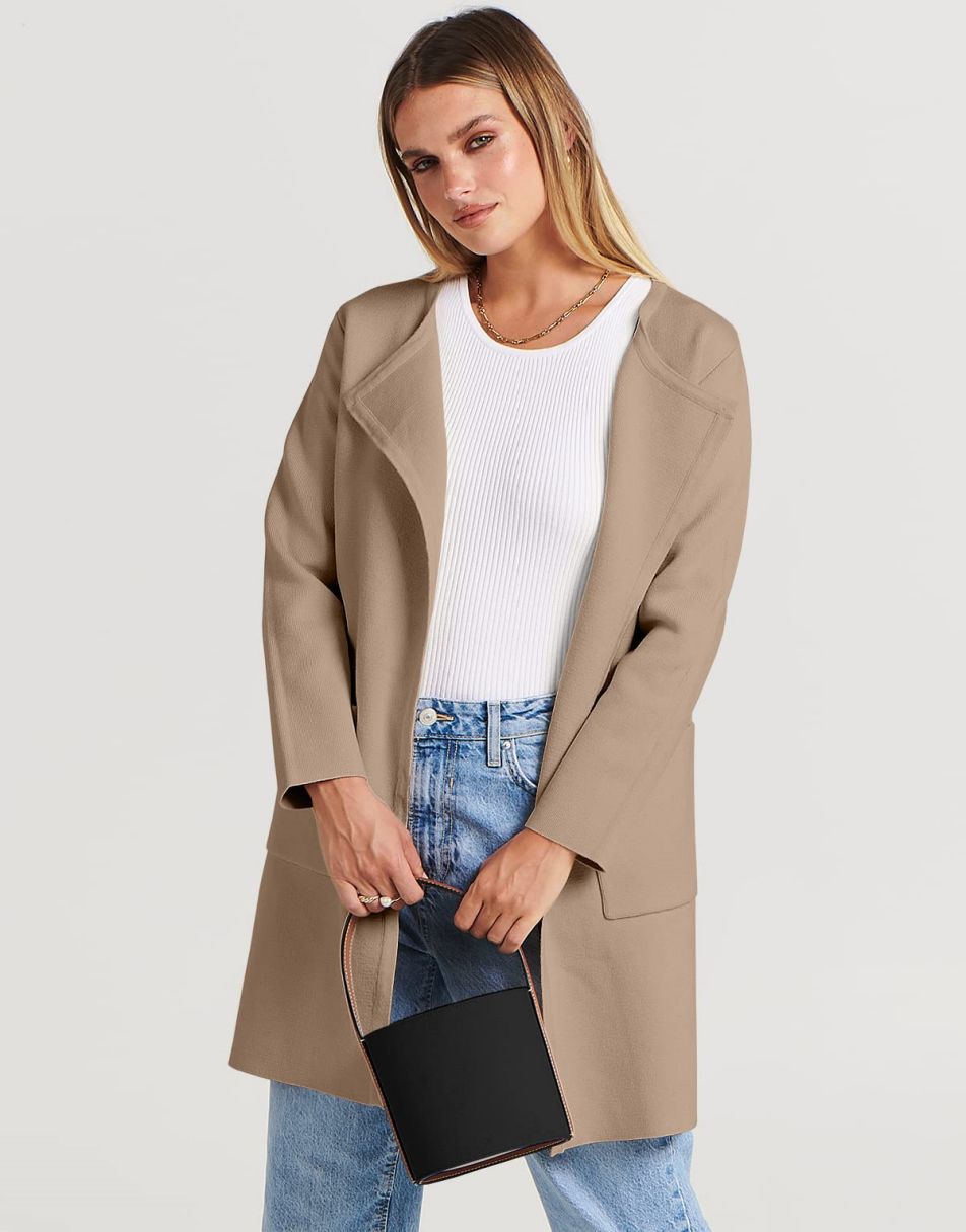 ANRABESS Women's Open Front Knit Cardigan Long Sleeve Lapel Casual Solid Classy Sweater Jacket