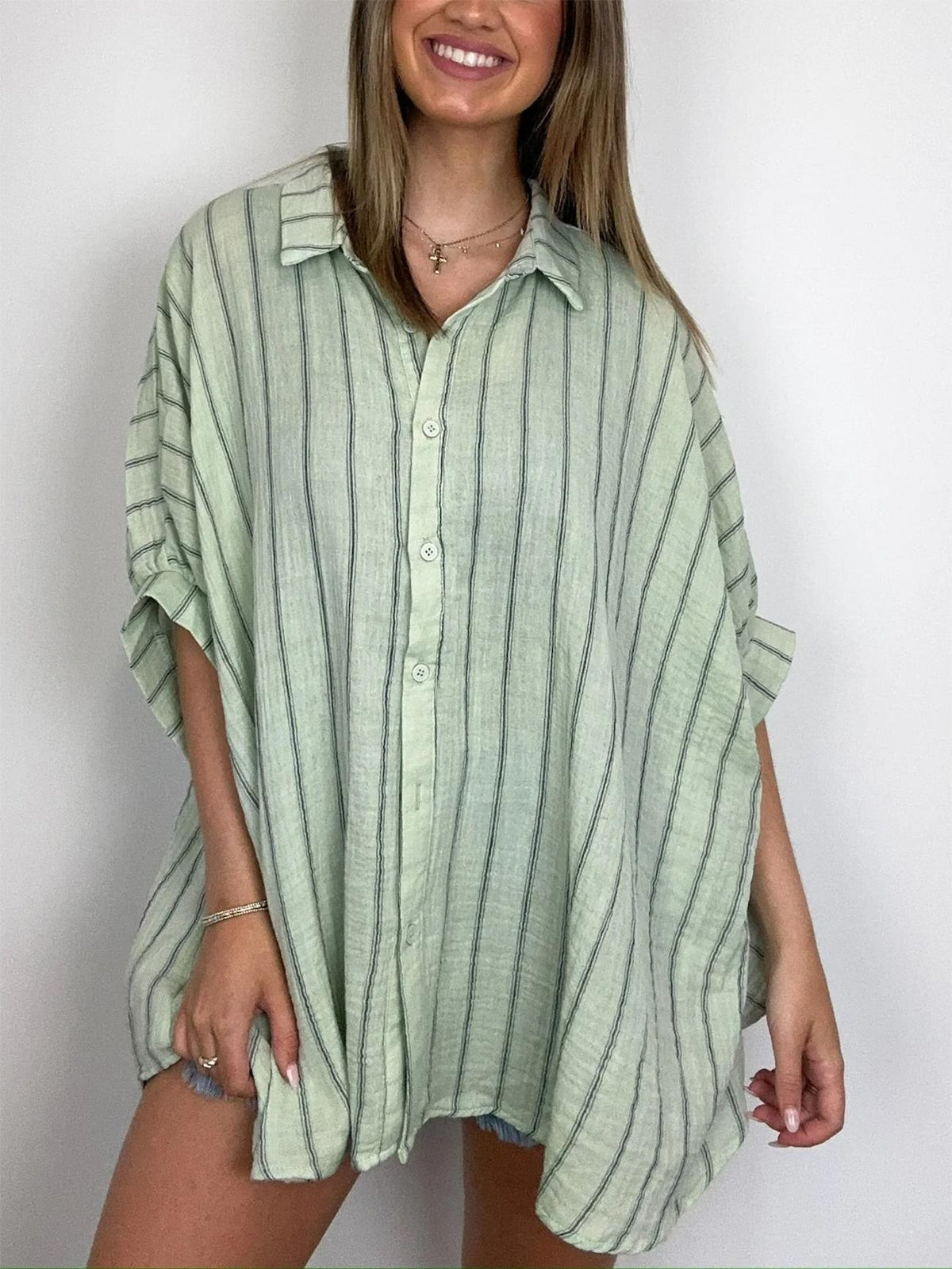 Women's Oversized Striped Button Down Top (Buy 2 Free Shipping)