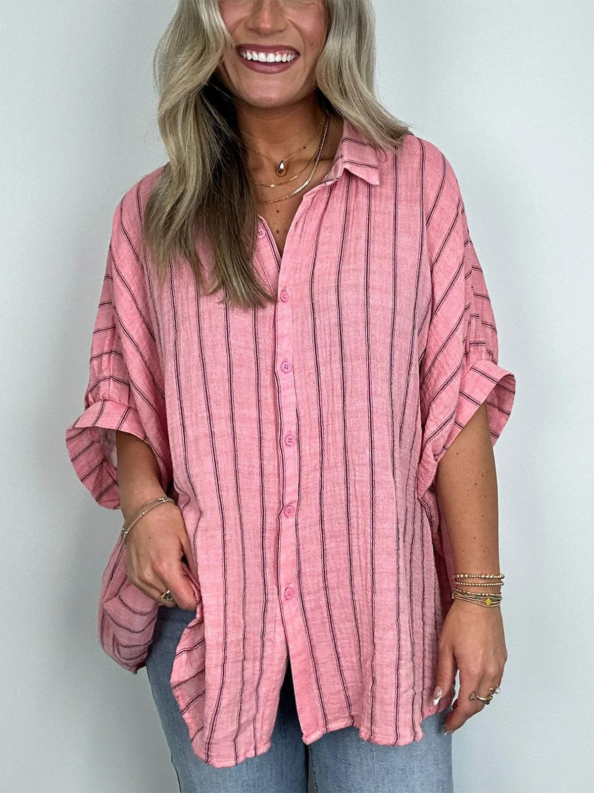 Women's Oversized Striped Button Down Top (Buy 2 Free Shipping)