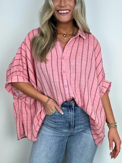 Women's Oversized Striped Button Down Top (Buy 2 Free Shipping)