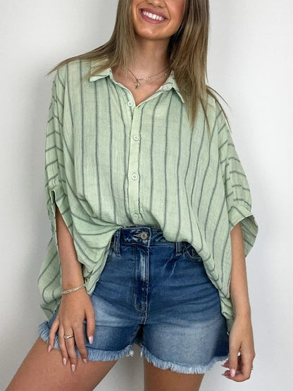 Women's Oversized Striped Button Down Top (Buy 2 Free Shipping)