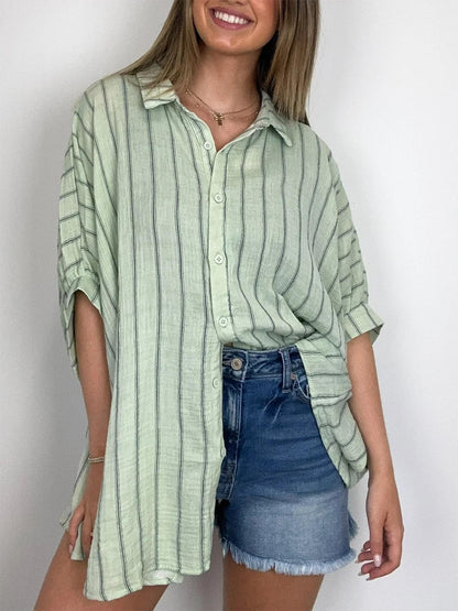 Women's Oversized Striped Button Down Top (Buy 2 Free Shipping)