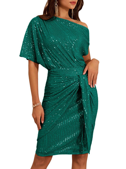 ⏰Hot Sale-Women's Sequin Sparkly Glitter One Shoulder Ruched Bodycon Dress(Buy 2 Free Shipping)