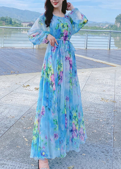 French Blue O-Neck Print Chiffon Long Holiday Dress Spring