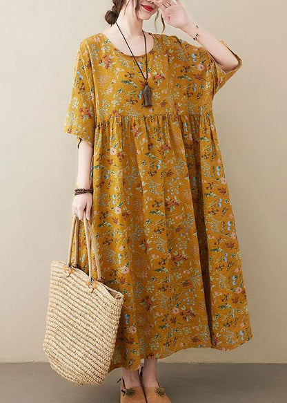 Natural  light Yellow O-Neck Pockets Print Summer Sundress