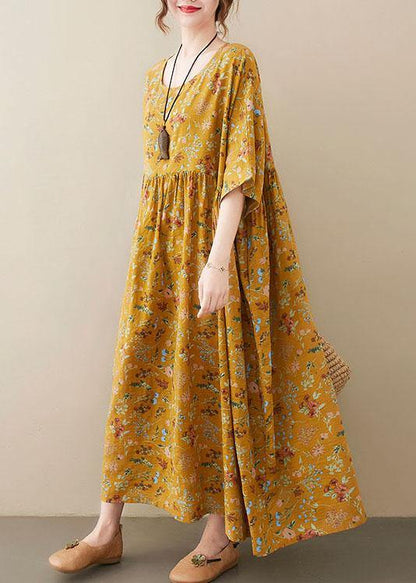Natural  light Yellow O-Neck Pockets Print Summer Sundress