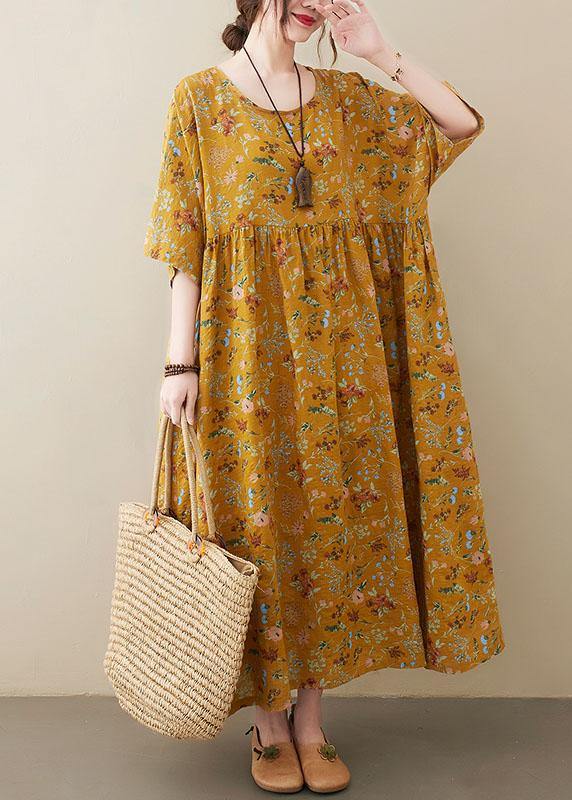 Natural  light Yellow O-Neck Pockets Print Summer Sundress