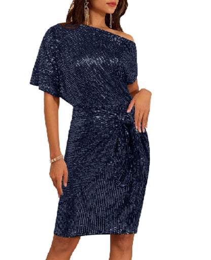 ⏰Hot Sale-Women's Sequin Sparkly Glitter One Shoulder Ruched Bodycon Dress(Buy 2 Free Shipping)