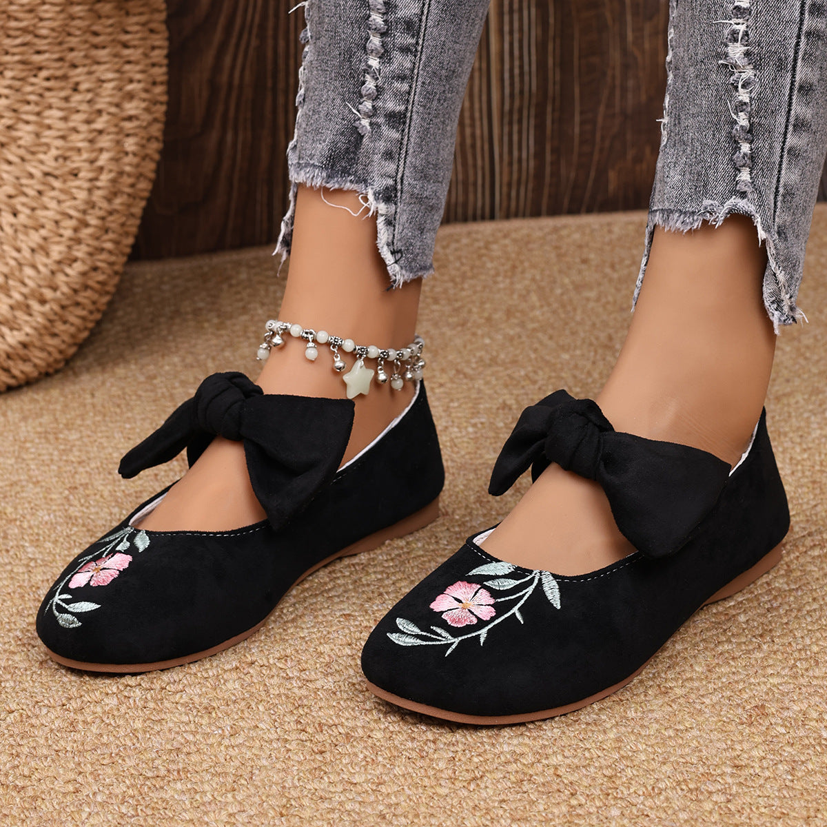 New Embroidered Bow Flat Mary Jane Shoes