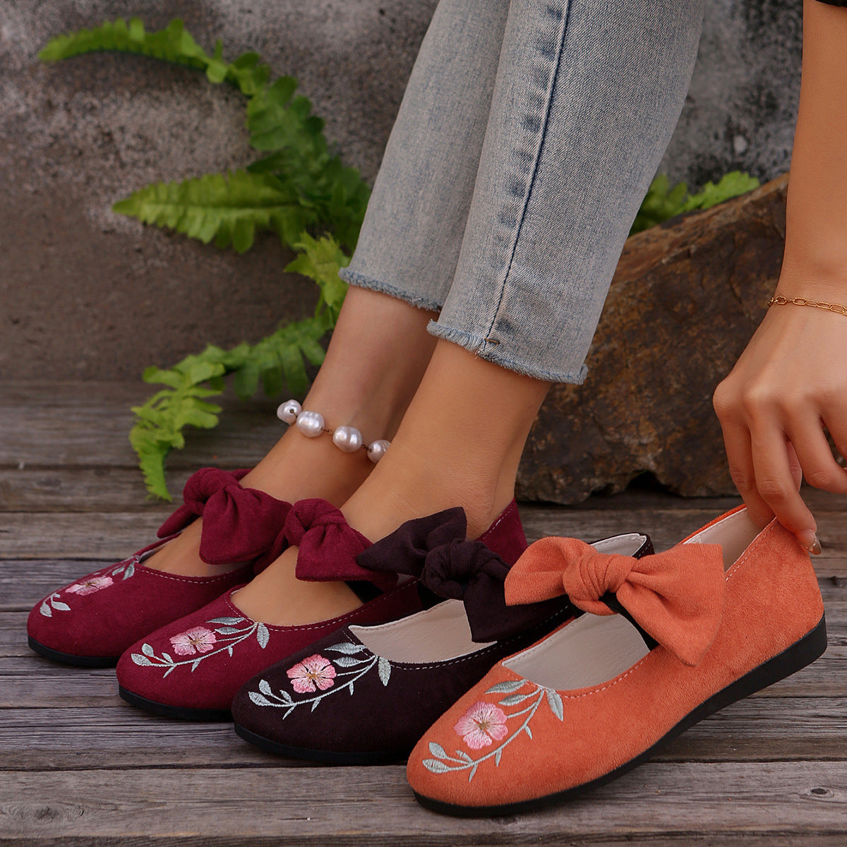New Embroidered Bow Flat Mary Jane Shoes