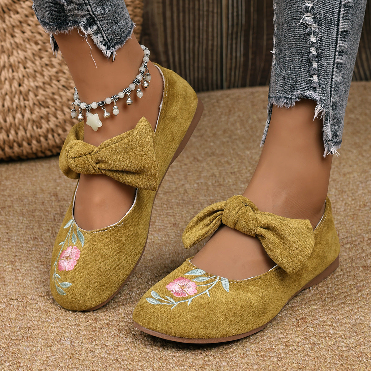 New Embroidered Bow Flat Mary Jane Shoes