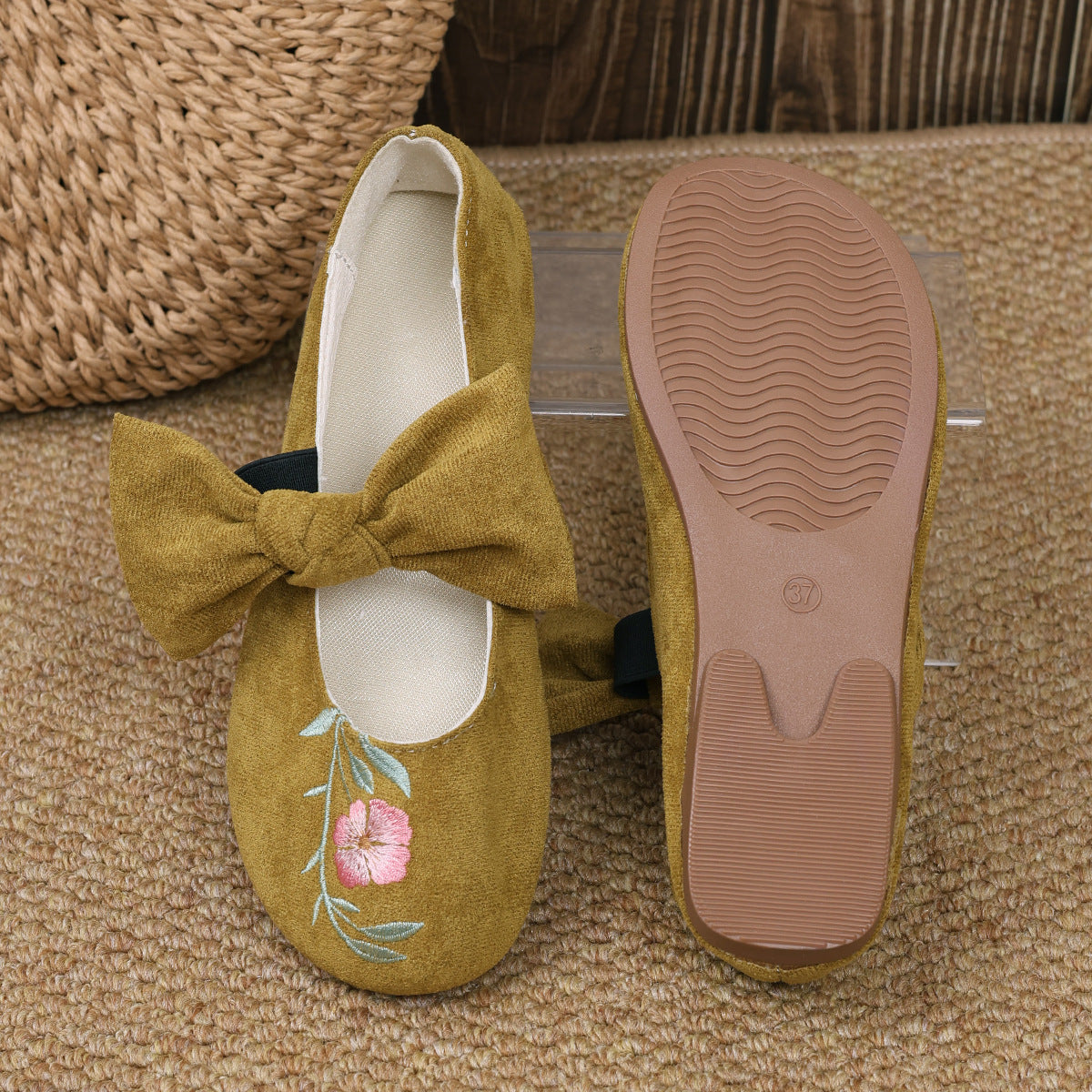 New Embroidered Bow Flat Mary Jane Shoes