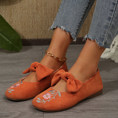New Embroidered Bow Flat Mary Jane Shoes