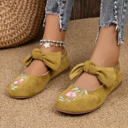 New Embroidered Bow Flat Mary Jane Shoes
