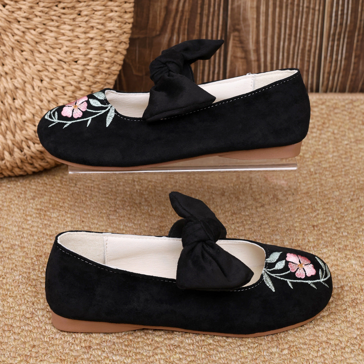 New Embroidered Bow Flat Mary Jane Shoes
