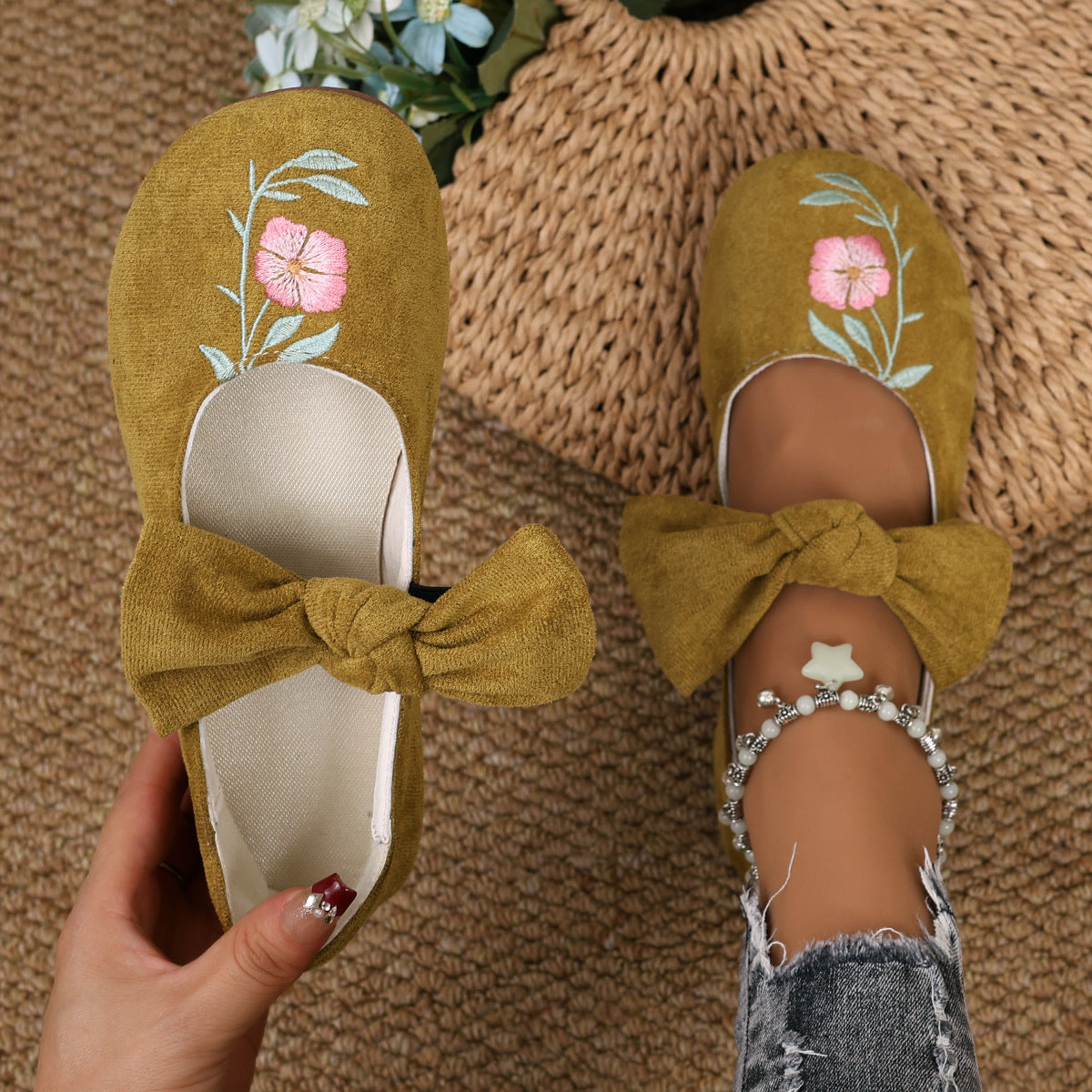 New Embroidered Bow Flat Mary Jane Shoes