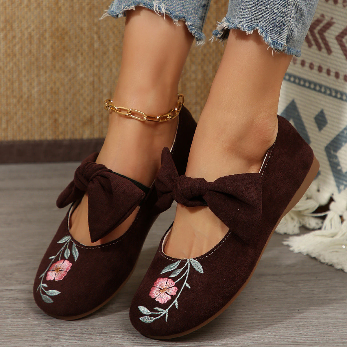 New Embroidered Bow Flat Mary Jane Shoes