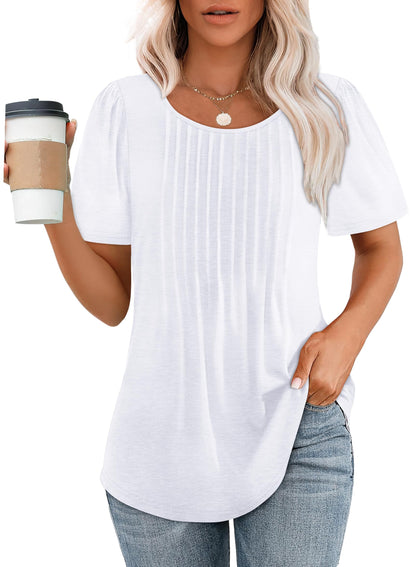 Women's Short Sleeve Pleated Scooped Neck Tops (Buy 3 Free Shipping)