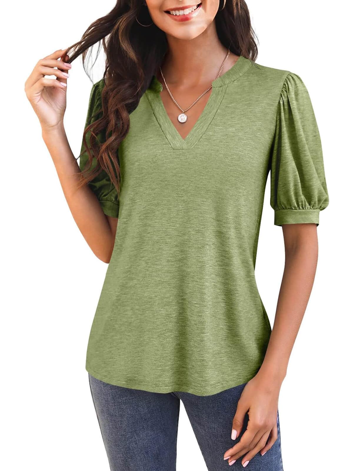 Women's V Neck Puff Sleeve Basic T-shirt (Buy 3 Free Shipping)