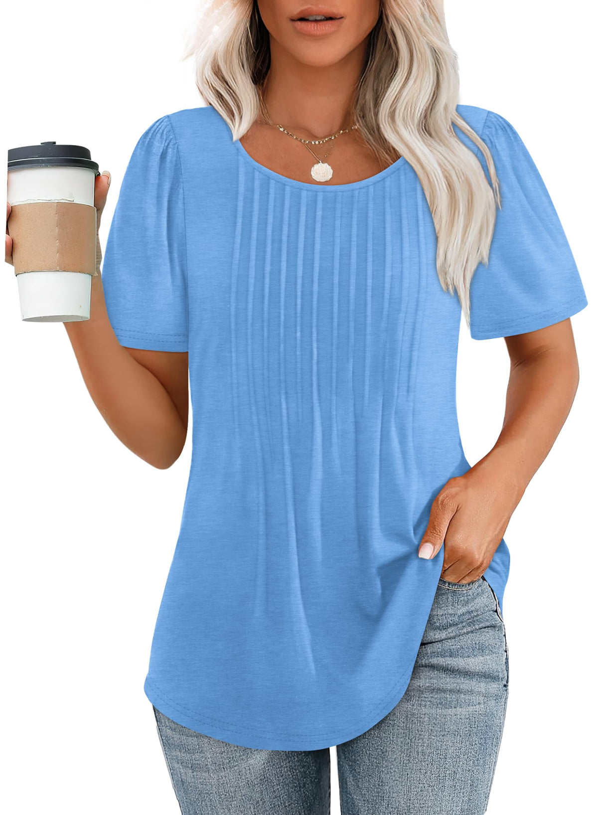 Women's Short Sleeve Pleated Scooped Neck Tops (Buy 3 Free Shipping)