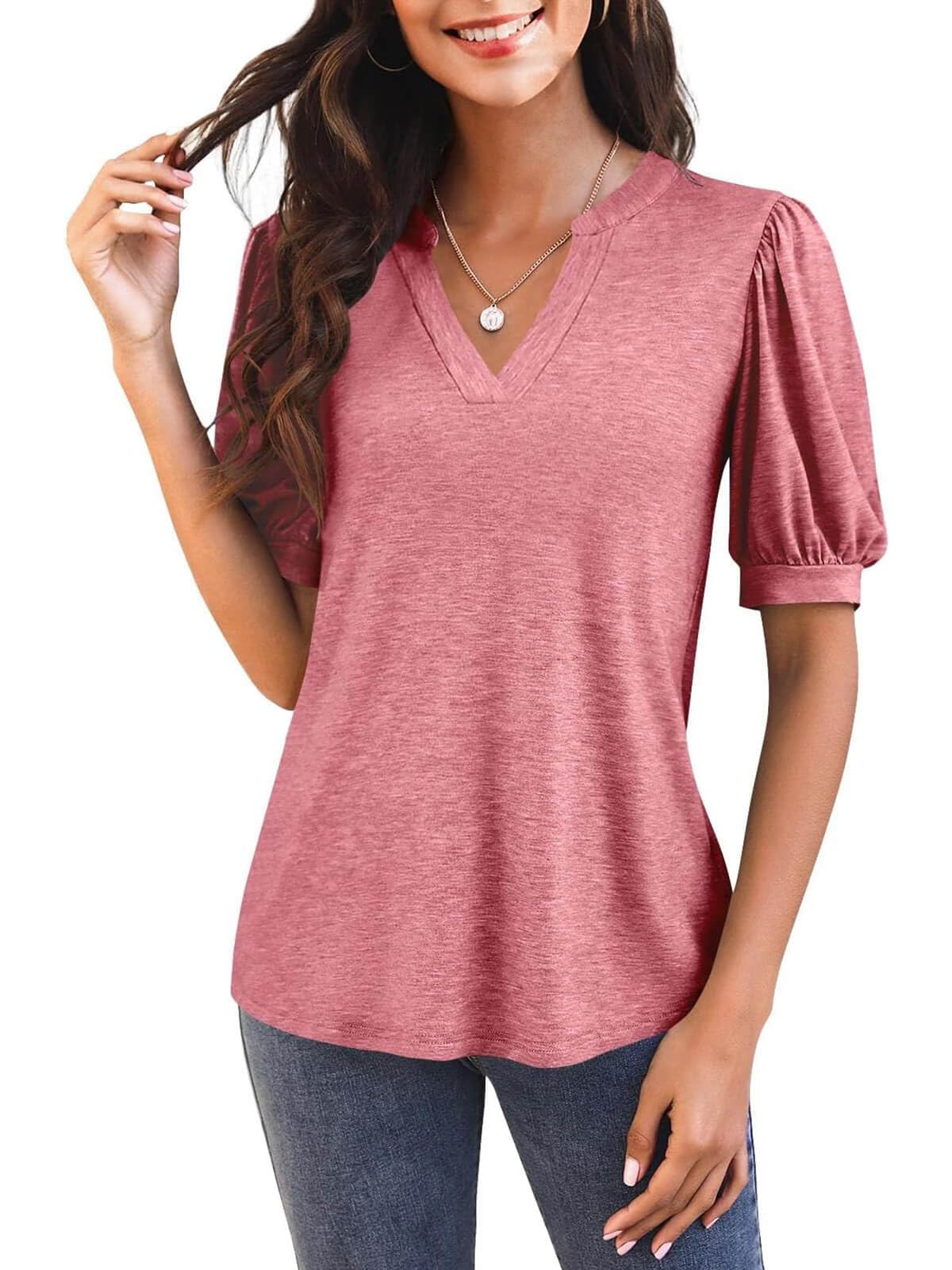 Women's V Neck Puff Sleeve Basic T-shirt (Buy 3 Free Shipping)