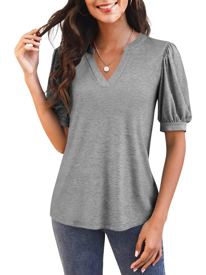 Women's V Neck Puff Sleeve Basic T-shirt (Buy 3 Free Shipping)