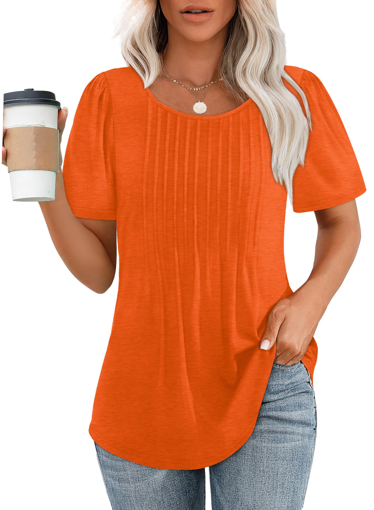 Women's Short Sleeve Pleated Scooped Neck Tops (Buy 3 Free Shipping)
