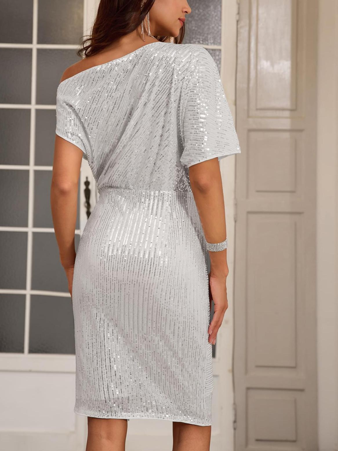 ⏰Hot Sale-Women's Sequin Sparkly Glitter One Shoulder Ruched Bodycon Dress(Buy 2 Free Shipping)