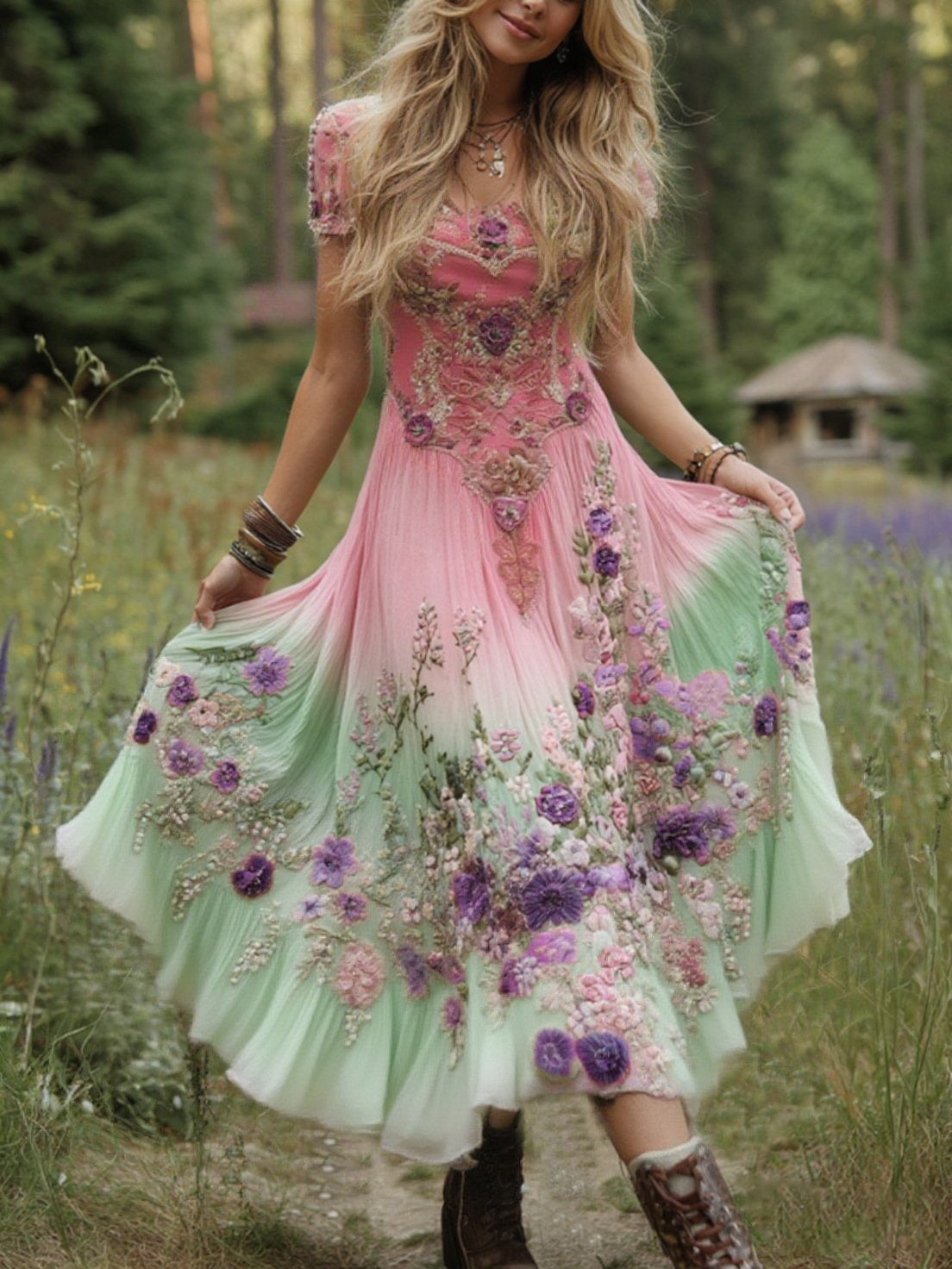 Classy Gradient Purple Lavender And Floral Embroidered Linen Maxi Dress