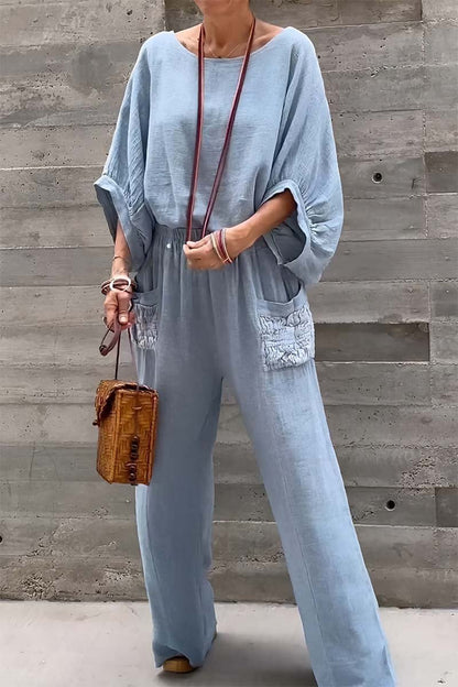 Women's casual bat sleeve top and pants cotton and linen two-piece set