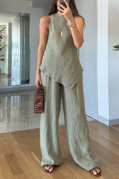 Women's casual irregular hem sleeveless cotton and linen two-piece set