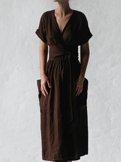 Linen Solid Lace Up Dress