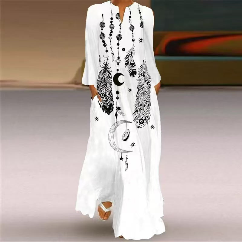 Women's White Floral Print V Neck Long Sleeve Dress