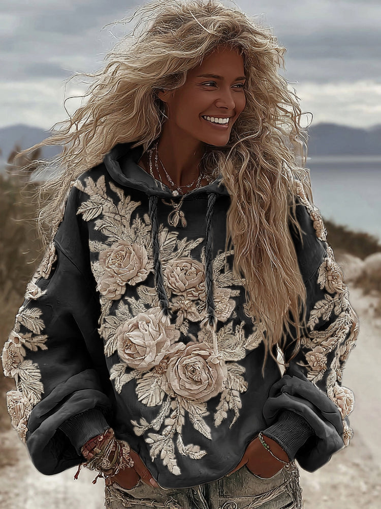 Women's Classic Romantic White Rose Embroidery Art Comfy Hoodie