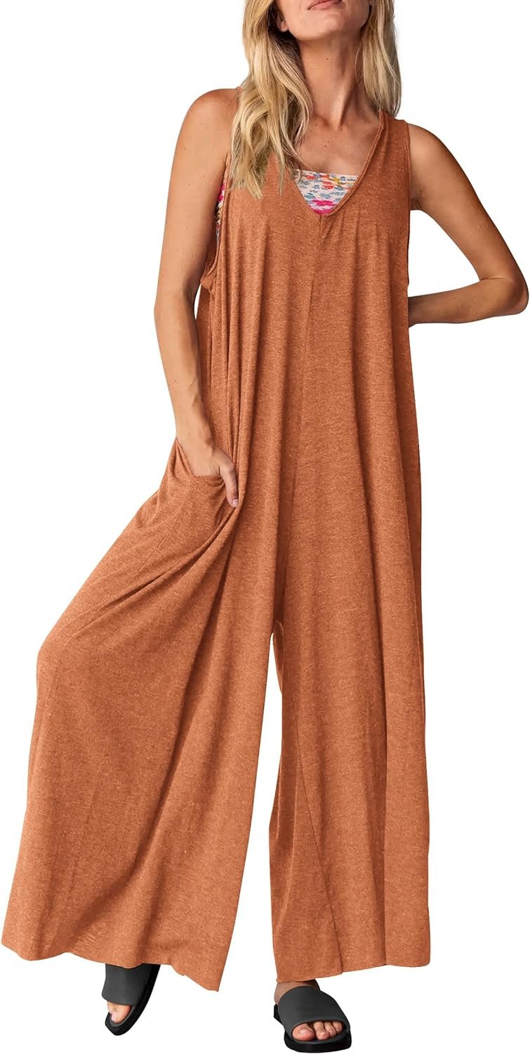 Women's Casual Summer Overall Jumpsuits Sleeveless Tank V Neck Wide Leg Loose One Piece Romper