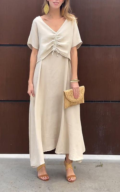 Women's V-neck Solid Color Cotton and Linen Two-piece Suit
