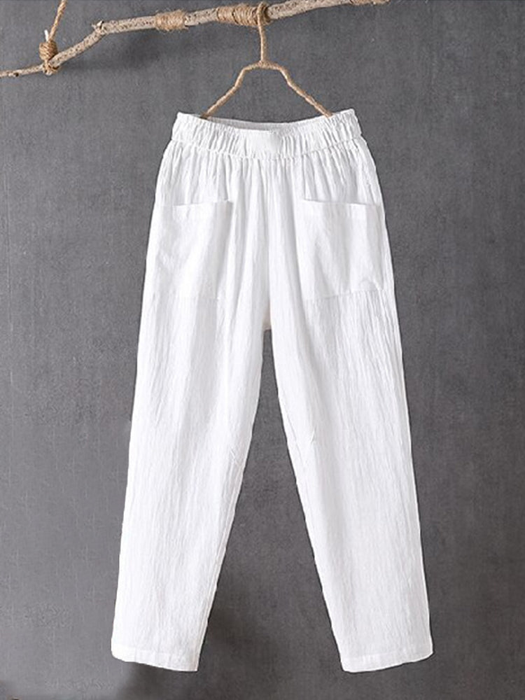 Women's Pockets Design Linen Blend Elastic Waist Pants