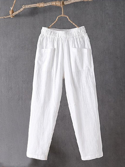 Women's Pockets Design Linen Blend Elastic Waist Pants