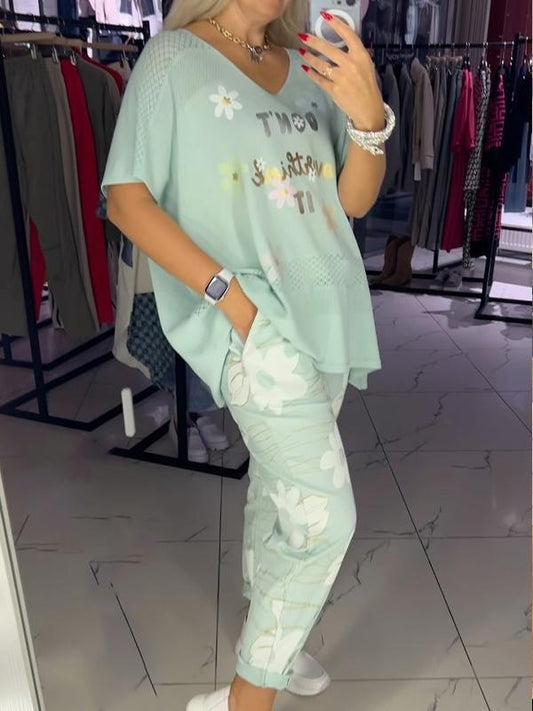 Lace Letter Top and Floral Casual Pants Two-piece Set