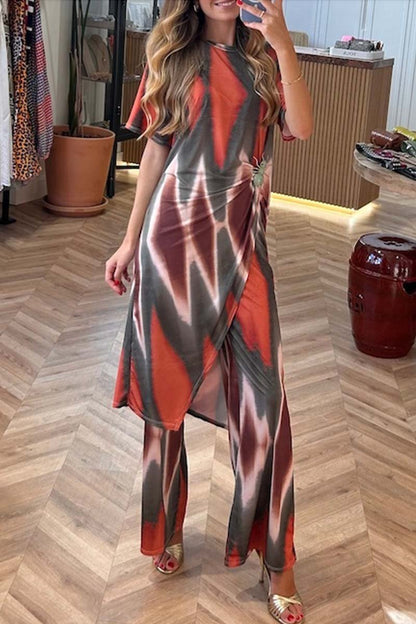 Women's casual tie-dye slit tops and pants two-piece set