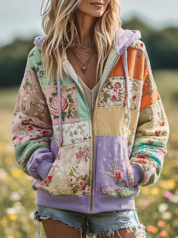 Women's Vintage Floral Patchwork Cozy Warm Zipper Hoodie