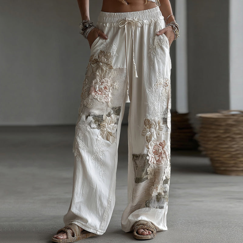 Women's Retro Floral Patchwork Art Casual Linen Pants