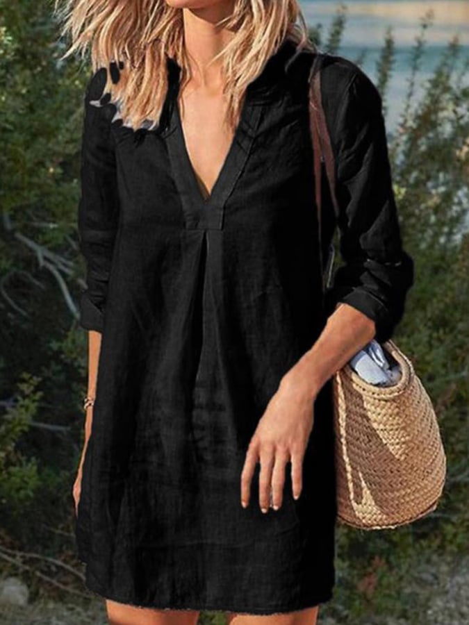 Casual V-Neck Cotton and Linen Dress