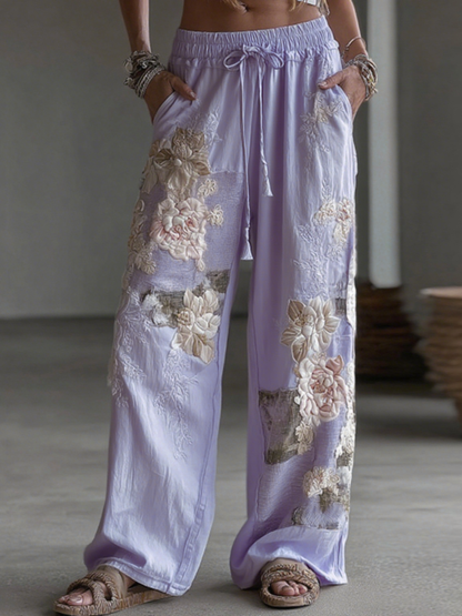 Women's Retro Floral Patchwork Art Casual Linen Pants
