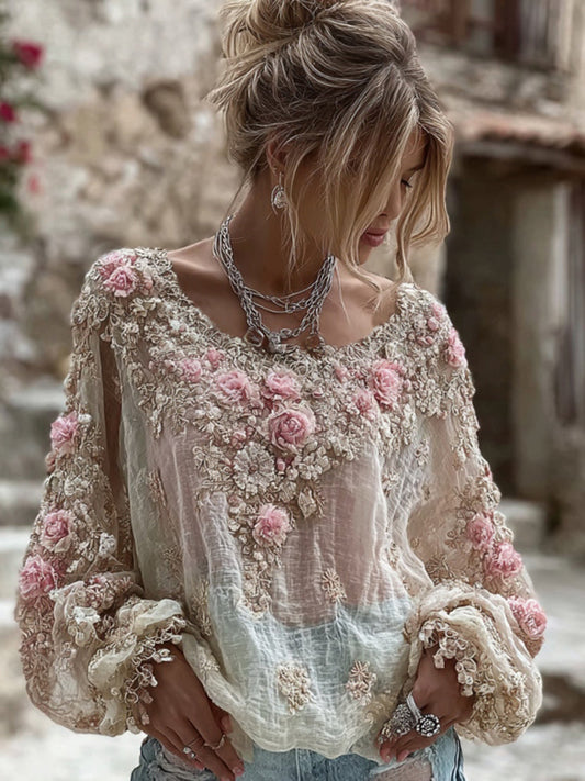 Women's Vintage Pink Flower Embroidery Art Round Neck Long Sleeve Linen Blend T-shirt
