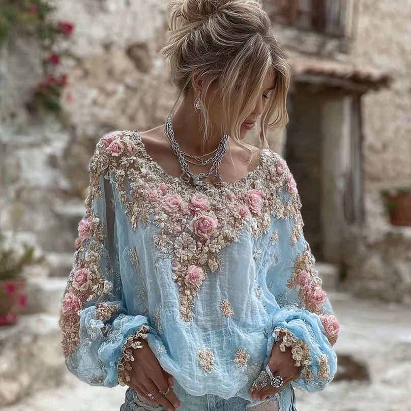 Women's Vintage Pink Flower Embroidery Art Round Neck Long Sleeve Linen Blend T-shirt