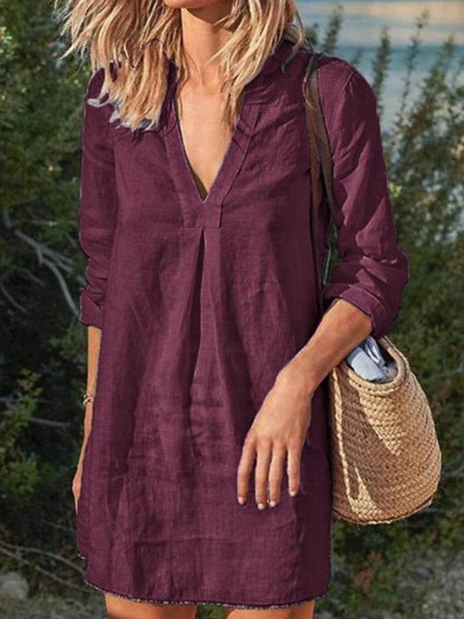 Casual V-Neck Cotton and Linen Dress